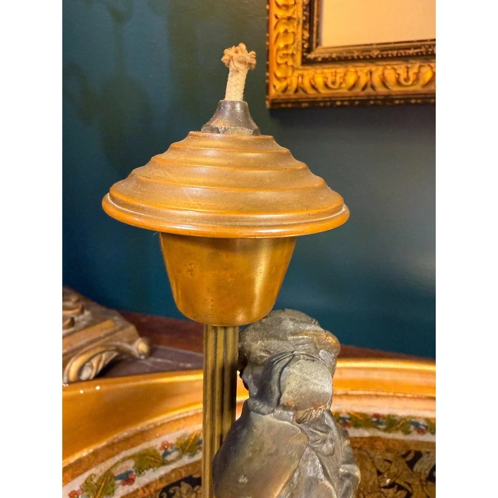 Vintage‎ 1940s Figural Oil Lamp | Drinking Man on Onyx Base | Brass Reservoir